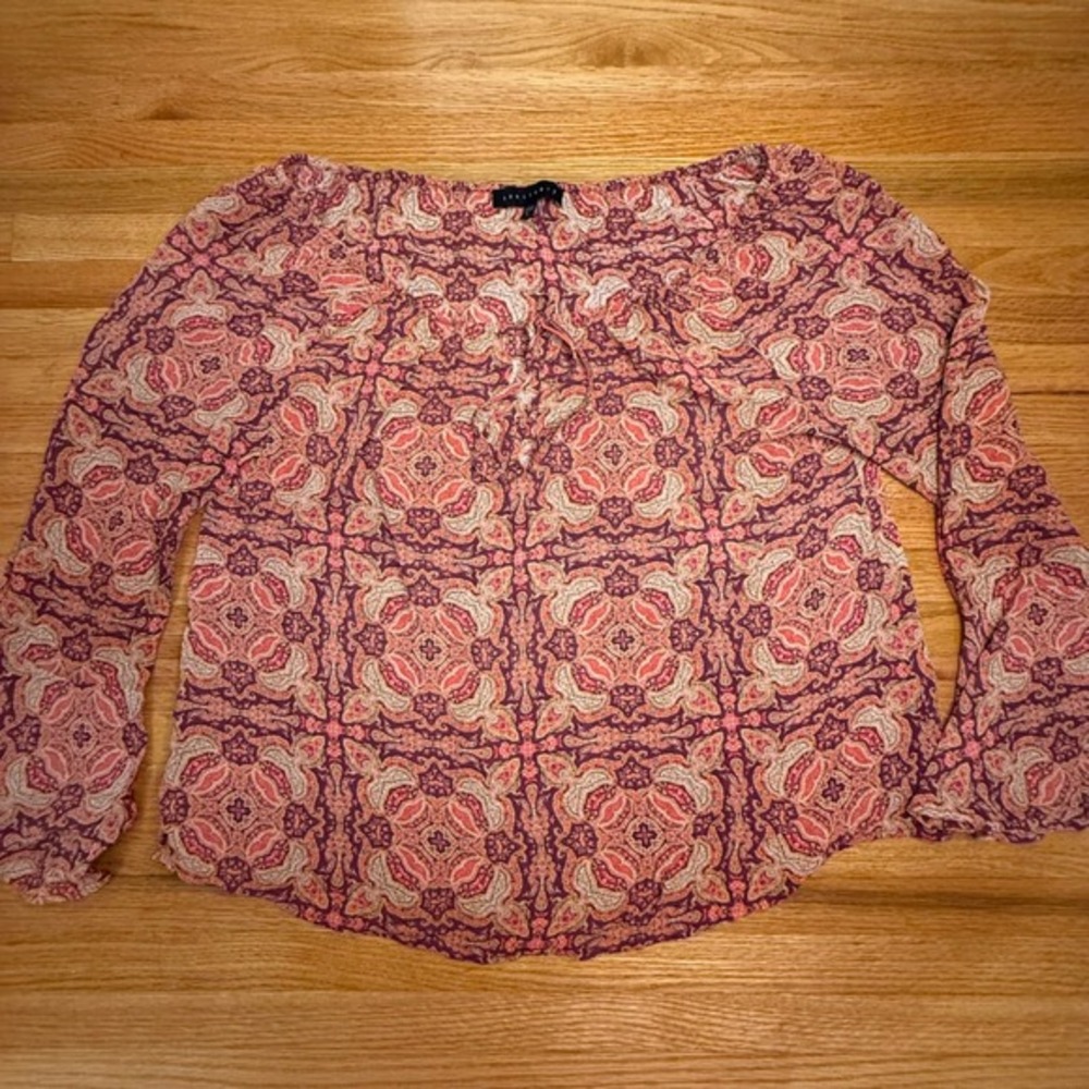 Sanctuary Boho Peasant Top Large |‎ Burgundy Orange Paisley Fall Blouse